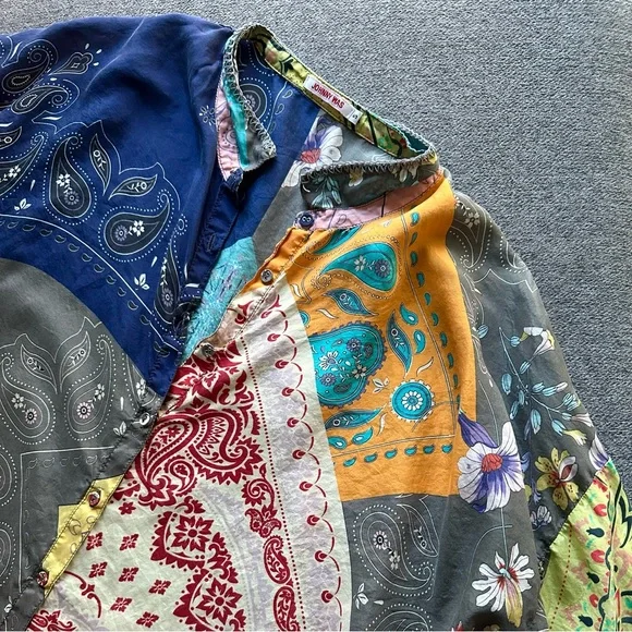 Johnny Was Adelaide 100% Silk Patchwork Long Sleeve Button Down Blouse Small - Picture 5 of 6